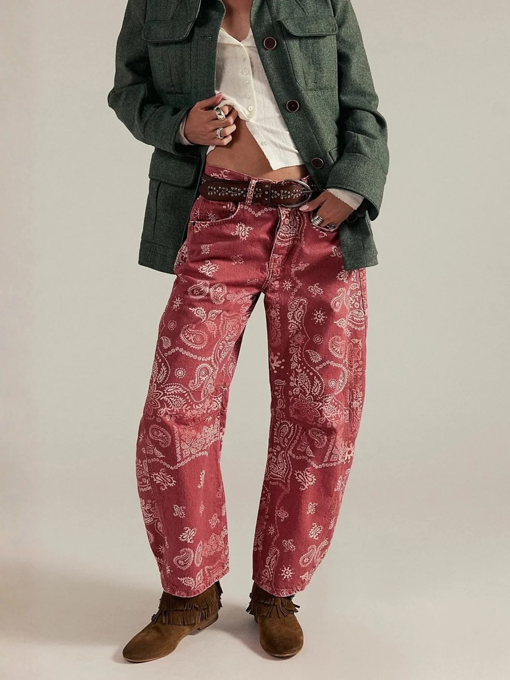 Free People Good Luck Printed Barrel Red Patter Bandana Paisley Jeans Size 27
